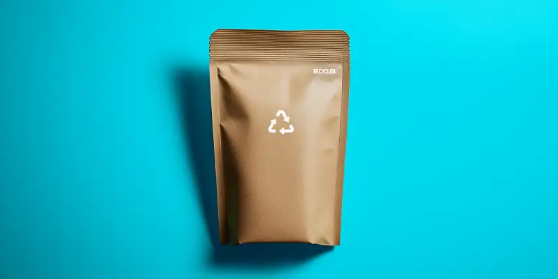 A sustainable packaging pouch on a blue background